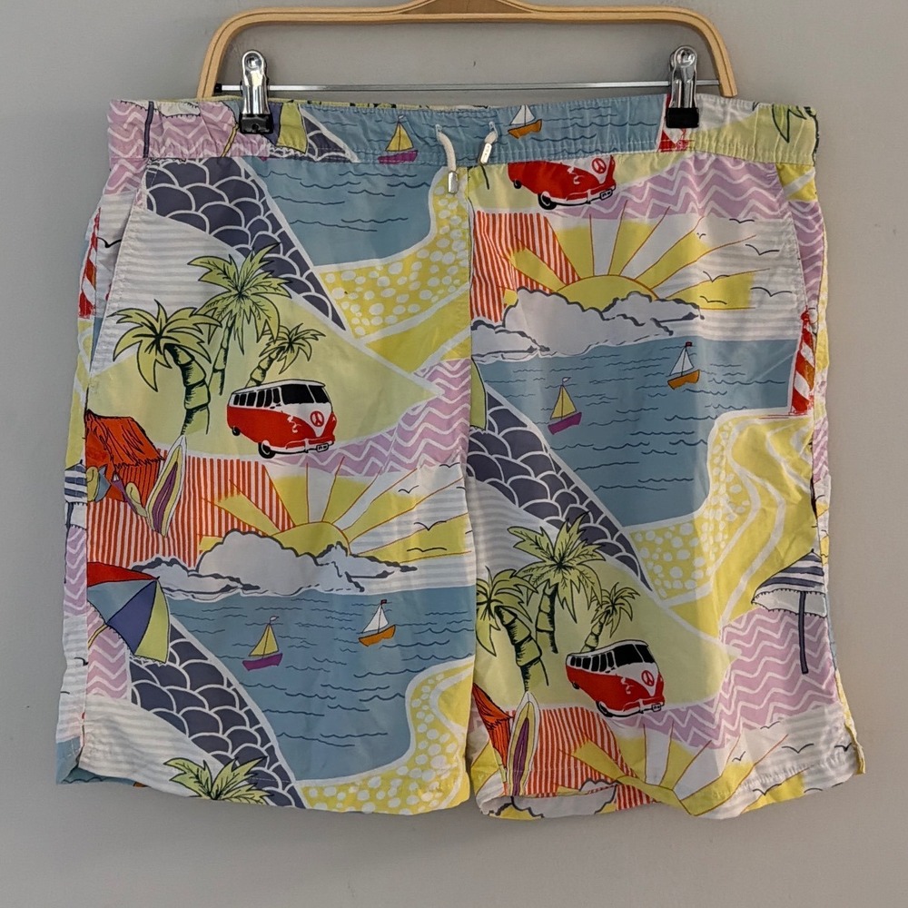 Peter Millar Men Large Swim Trunk VW Bus Beach Scene Multicolor Nylon Mesh Lined